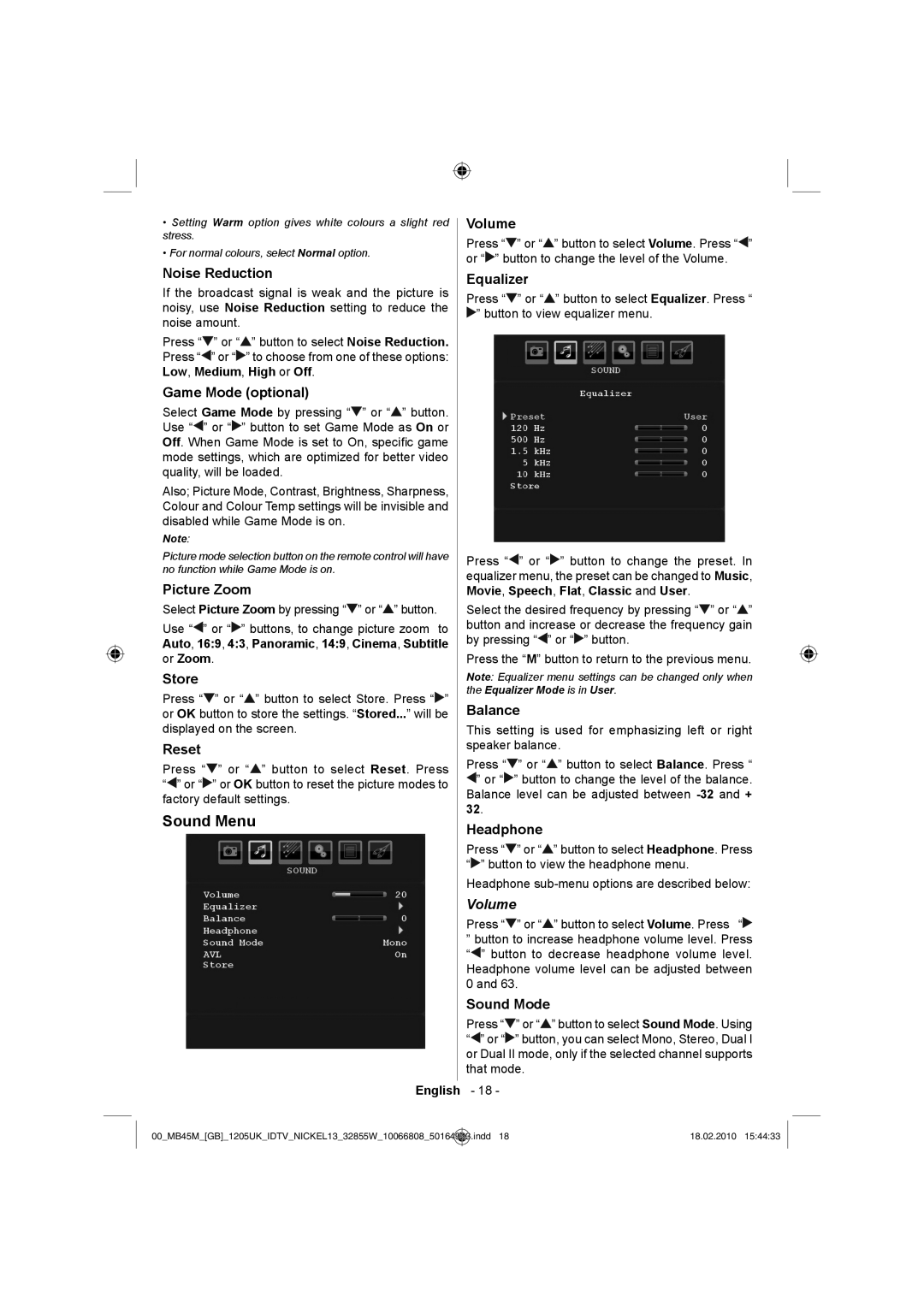 Technika LCD32-209X operating instructions Sound Menu, Volume 