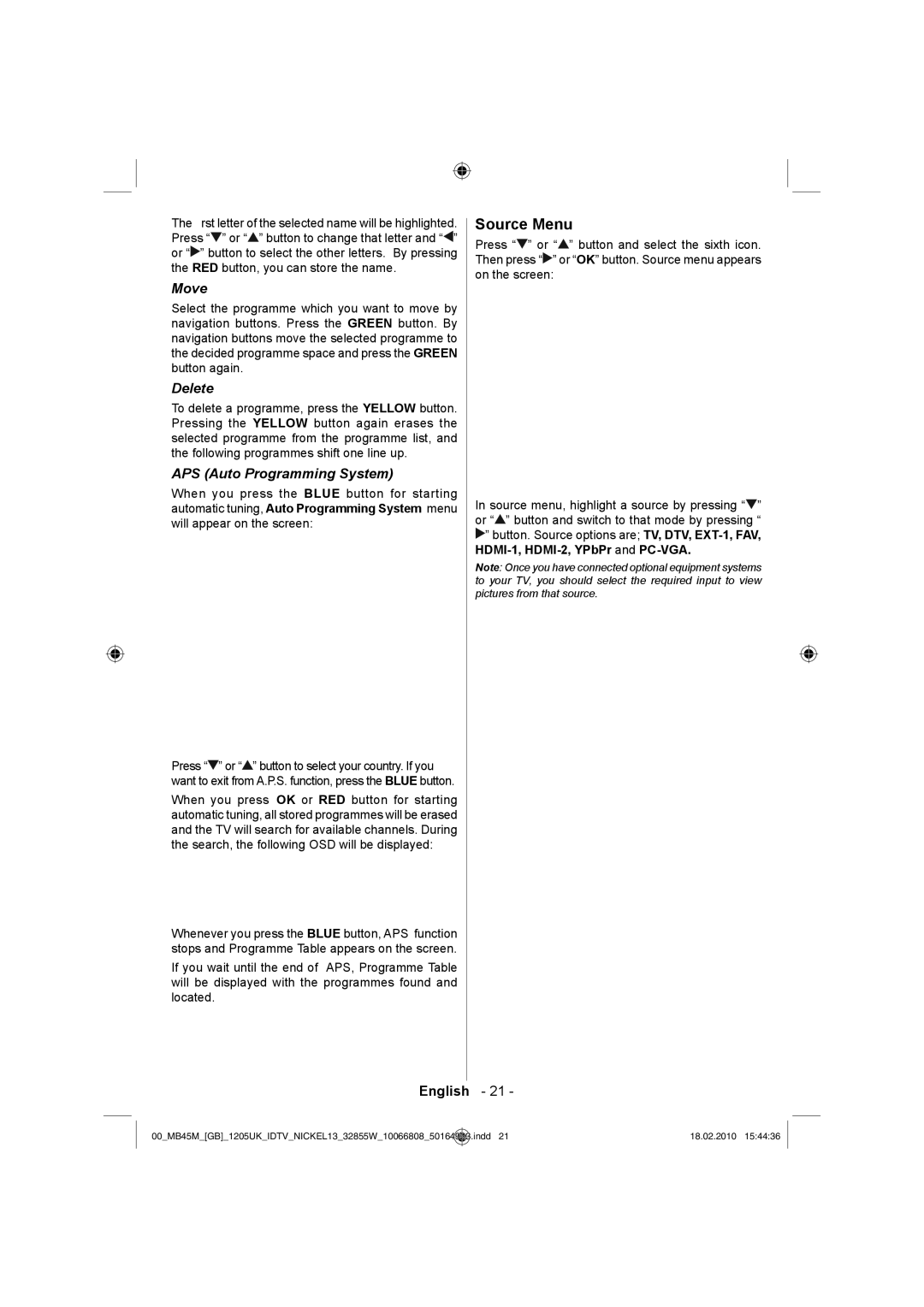 Technika LCD32-209X operating instructions Source Menu, Move, Delete, APS Auto Programming System 