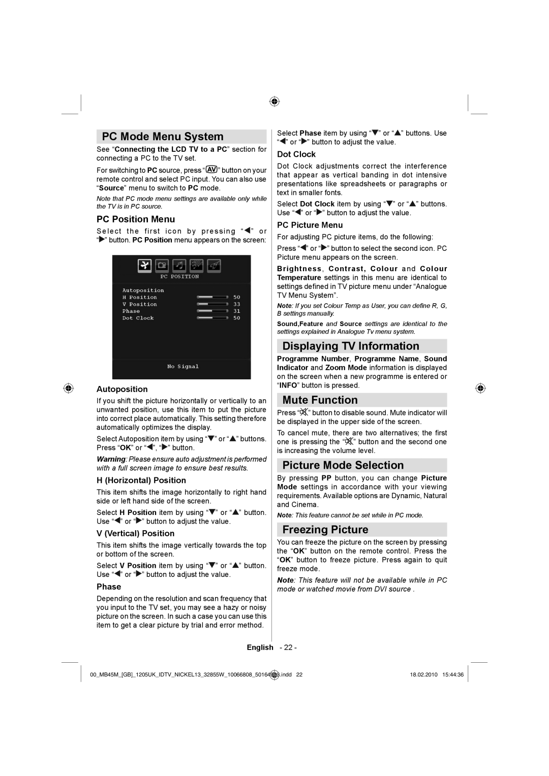 Technika LCD32-209X PC Mode Menu System, Displaying TV Information, Mute Function, Picture Mode Selection 