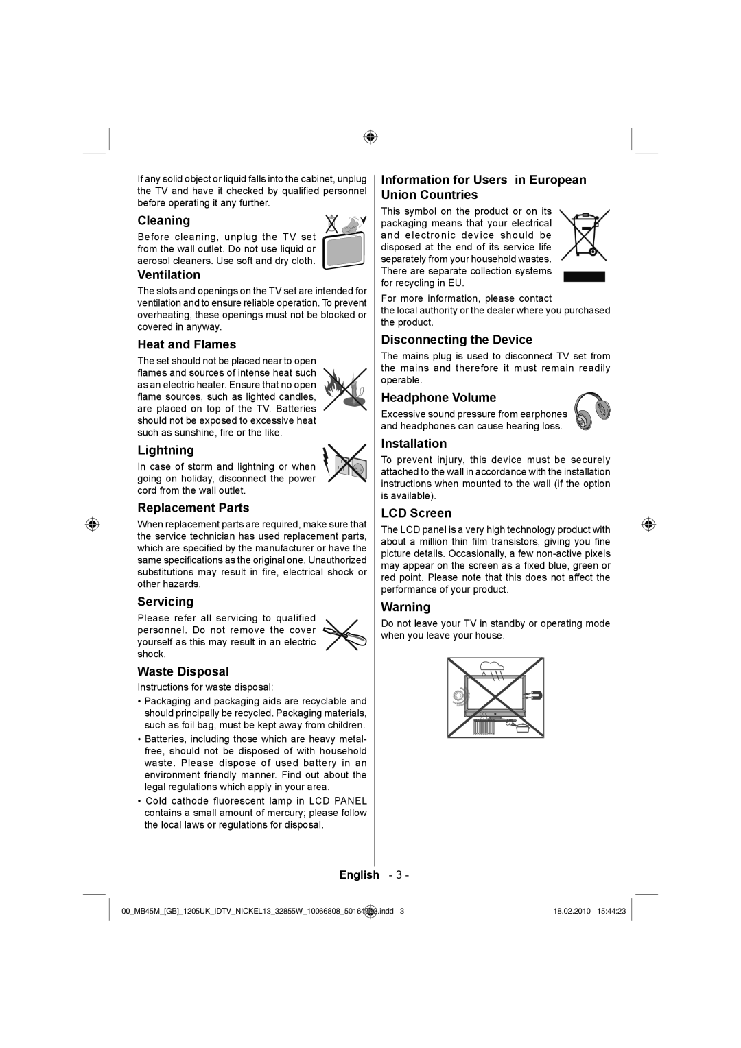 Technika LCD32-209X Cleaning, Ventilation, Heat and Flames, Lightning, Replacement Parts, Servicing, Waste Disposal 