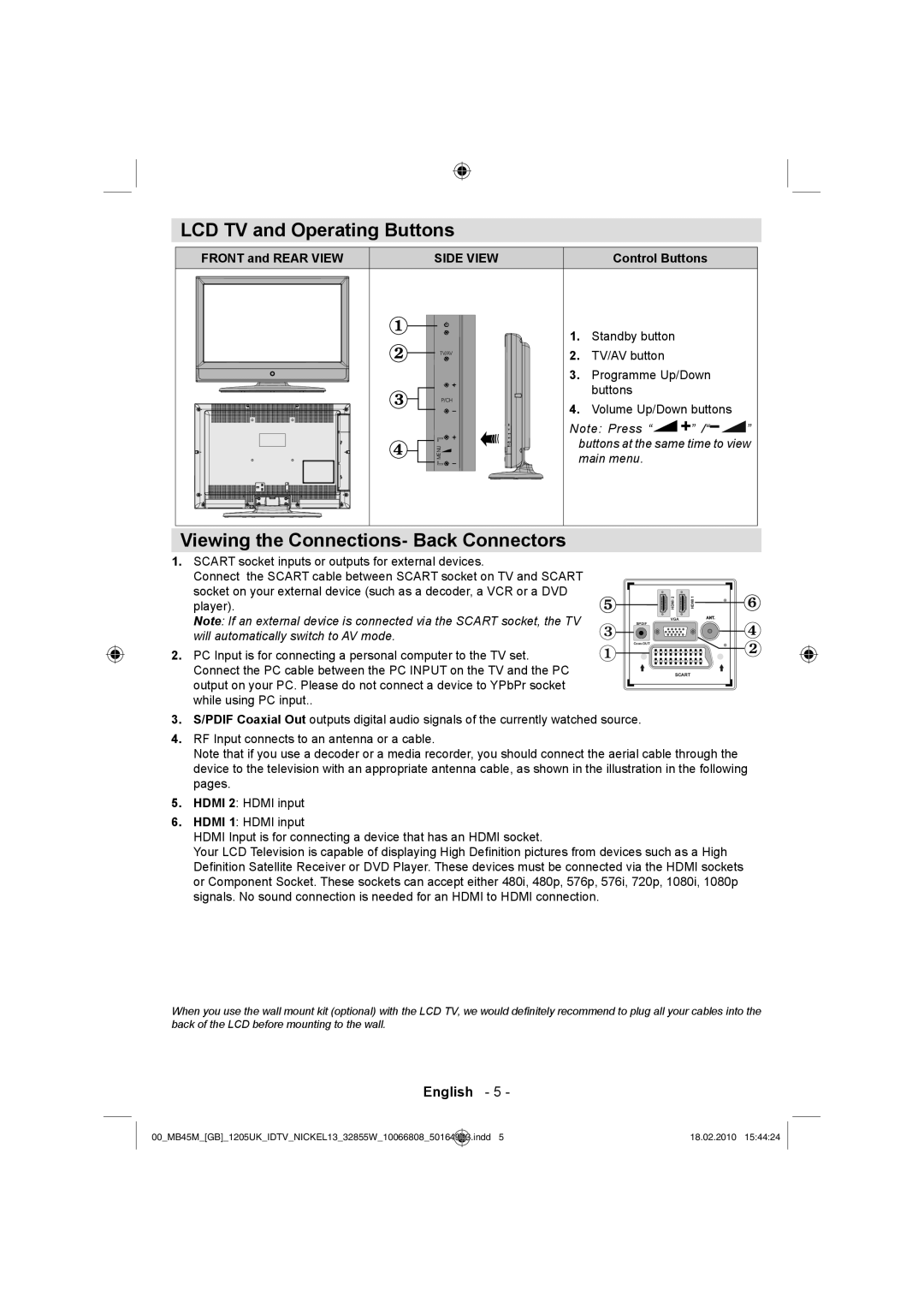 Technika LCD32-209X operating instructions LCD TV and Operating Buttons, Viewing the Connections- Back Connectors 