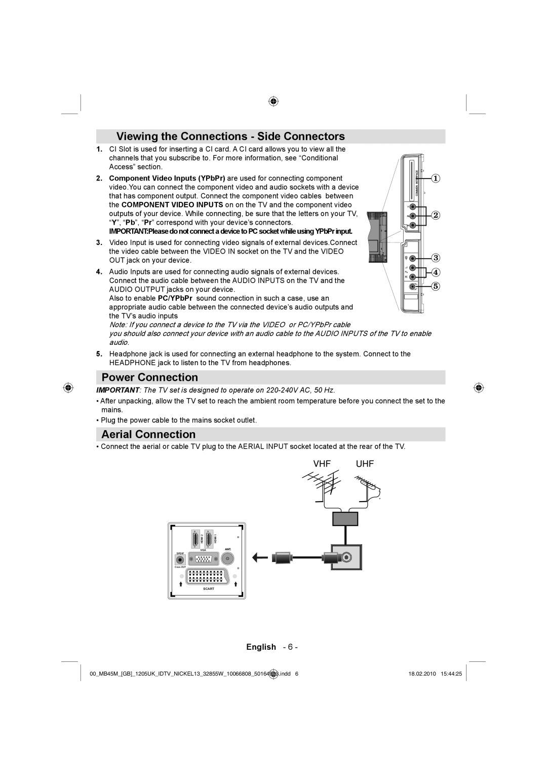 Technika LCD32-209X operating instructions Viewing the Connections Side Connectors, Power Connection, Aerial Connection 