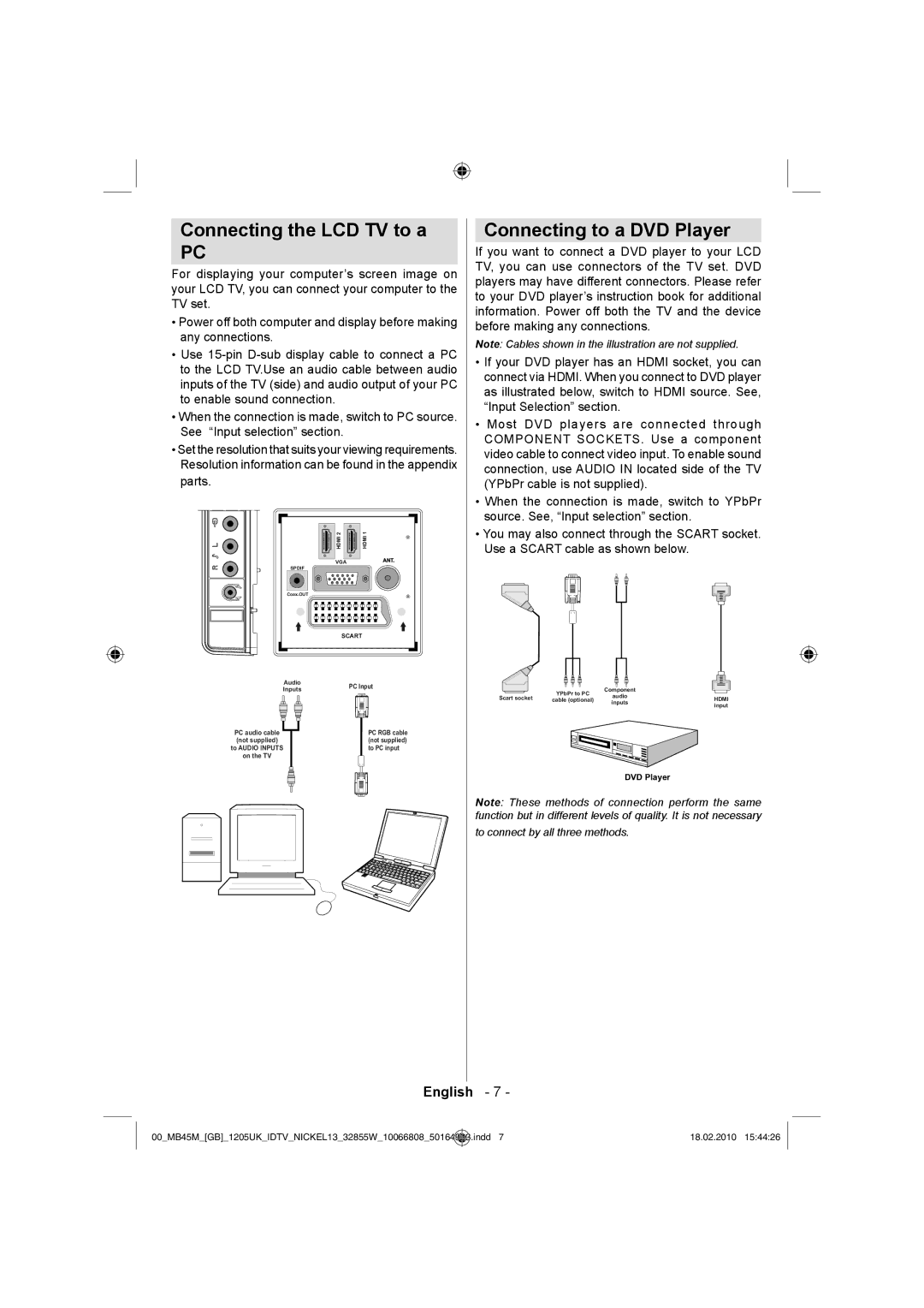 Technika LCD32-209X operating instructions Connecting the LCD TV to a, Connecting to a DVD Player 