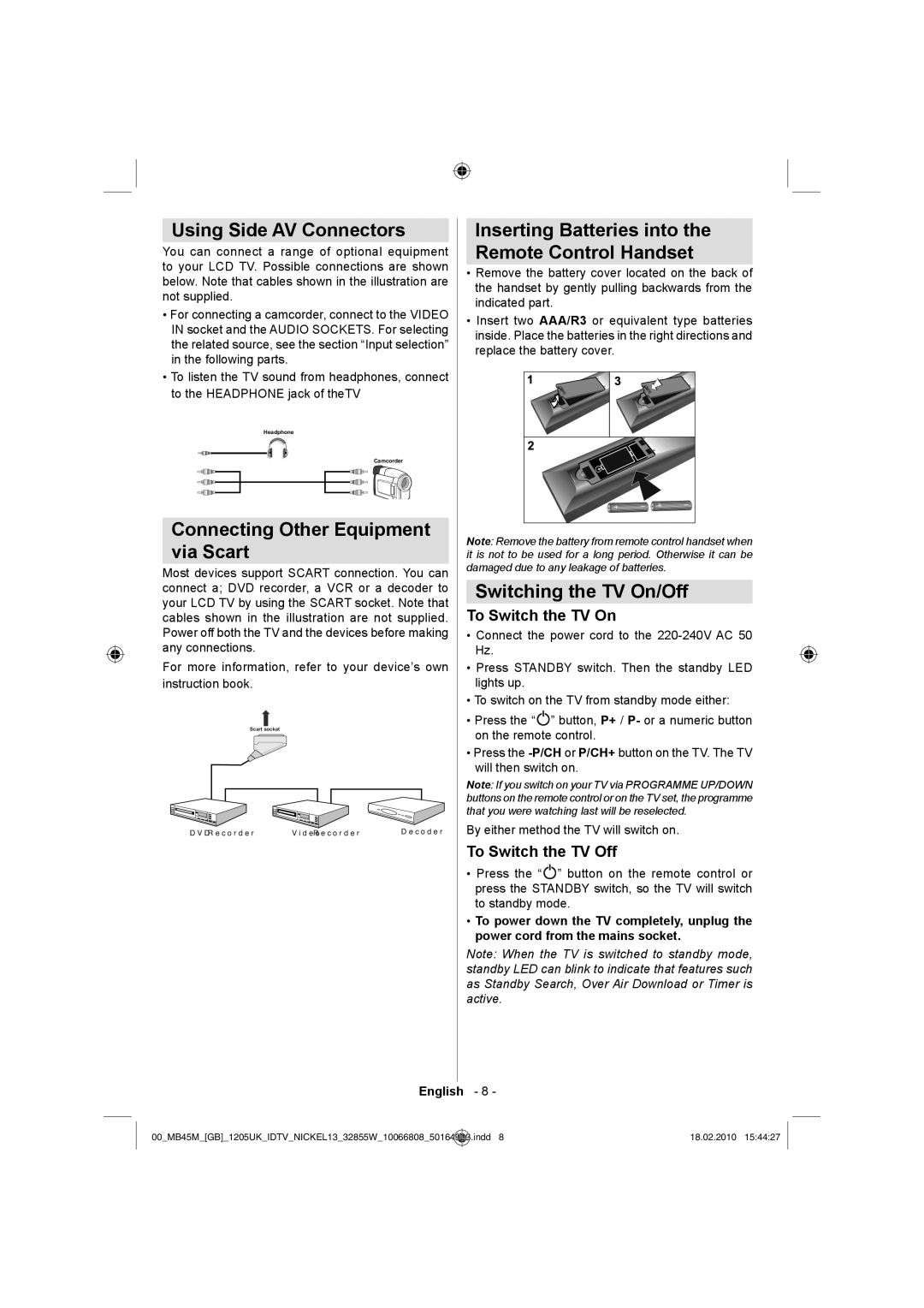 Technika LCD32-209X Using Side AV Connectors, Connecting Other Equipment Via Scart, Switching the TV On/Off 