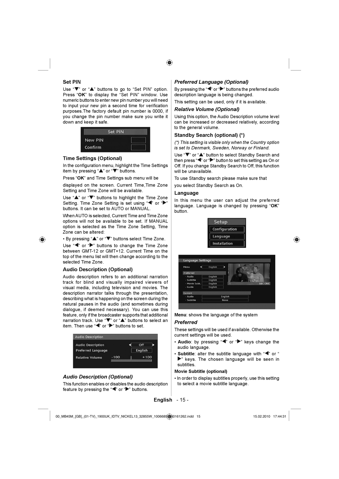 Technika LCD32-229 manual Audio Description Optional, Preferred Language Optional, Relative Volume Optional 