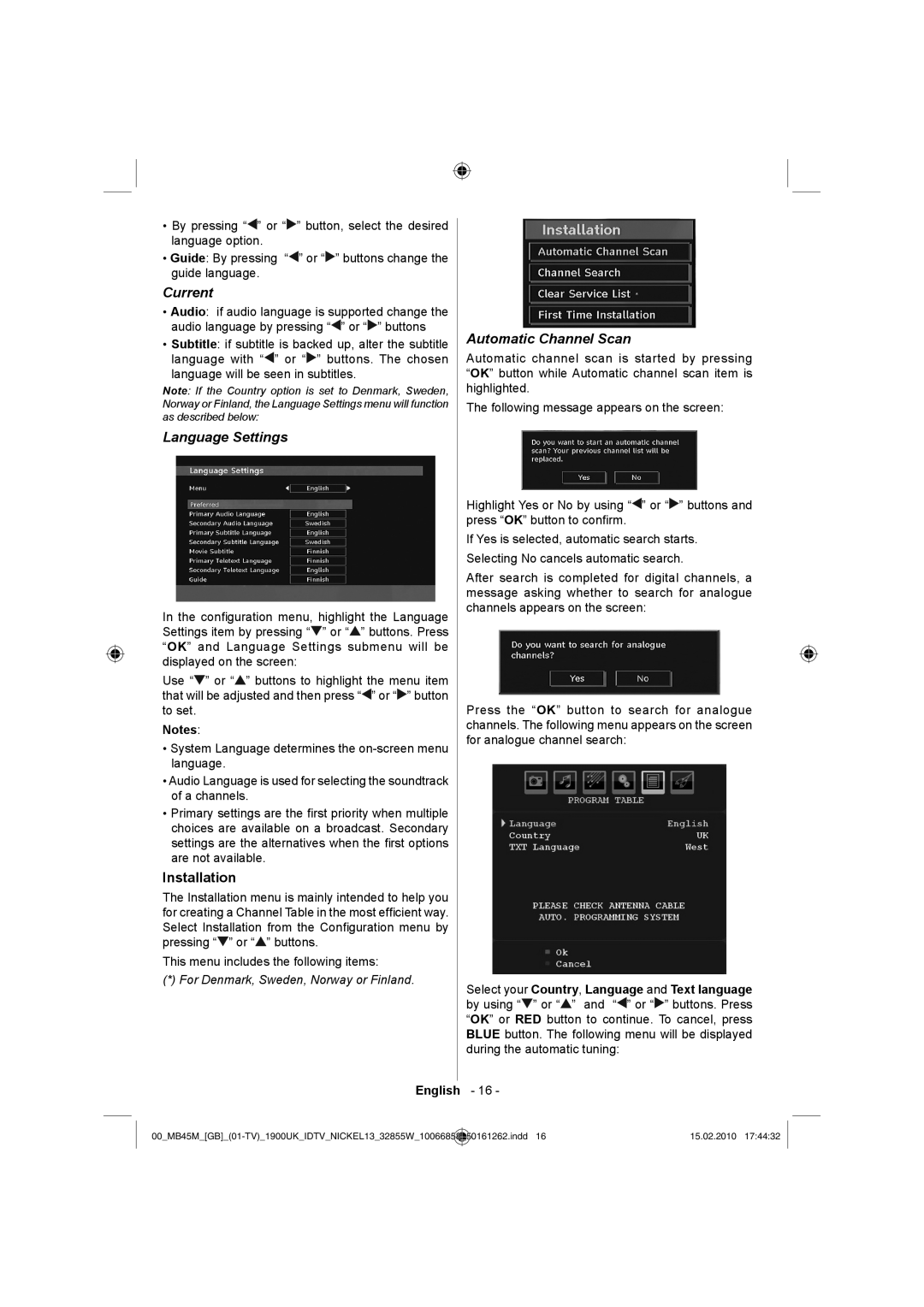 Technika LCD32-229 manual Current, Language Settings, Installation, Automatic Channel Scan 