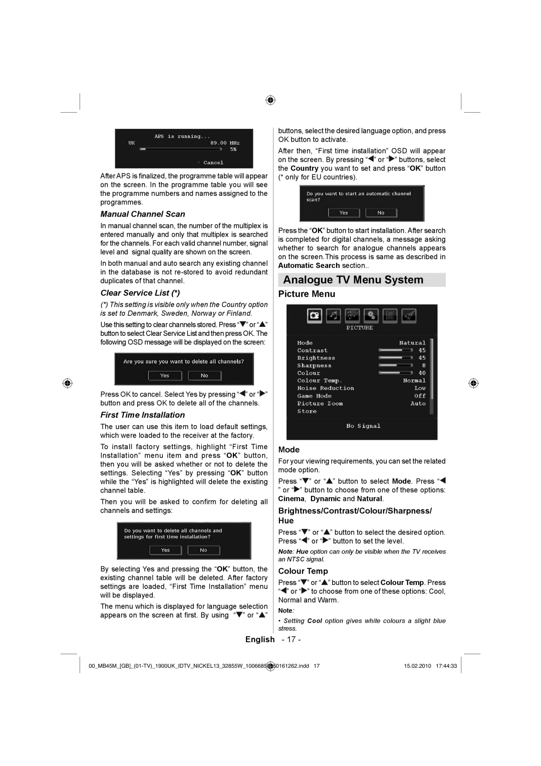 Technika LCD32-229 Analogue TV Menu System, Picture Menu, Manual Channel Scan, Clear Service List, First Time Installation 