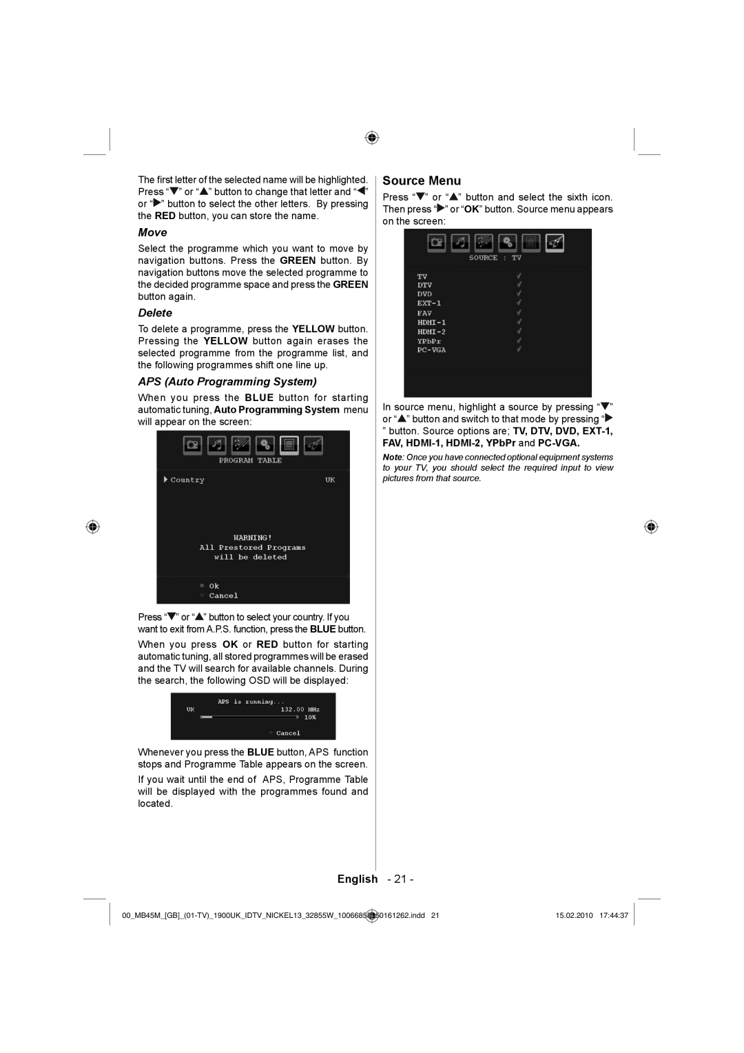 Technika LCD32-229 manual Source Menu, Move, Delete, APS Auto Programming System 