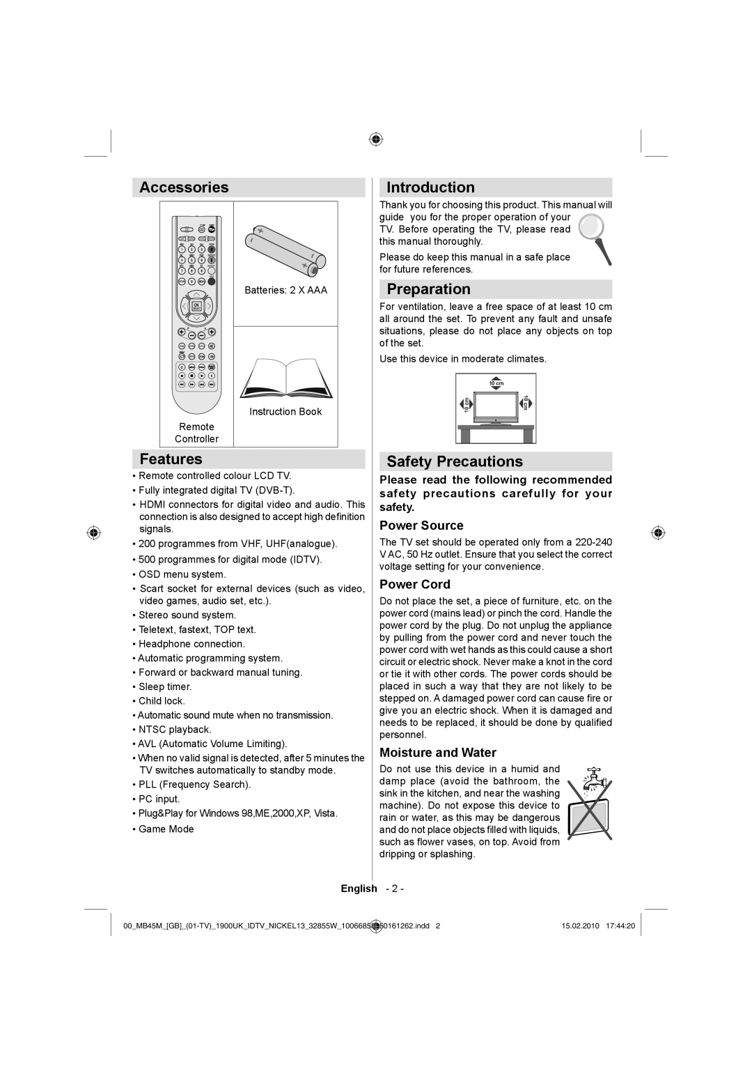 Technika LCD32-229 manual Accessories, Features, Introduction, Preparation, Safety Precautions 