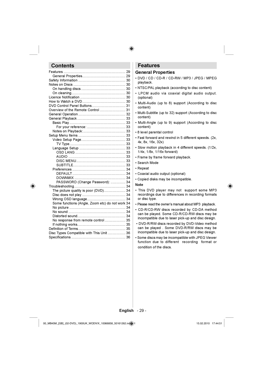 Technika LCD32-229 manual Contents, Features 