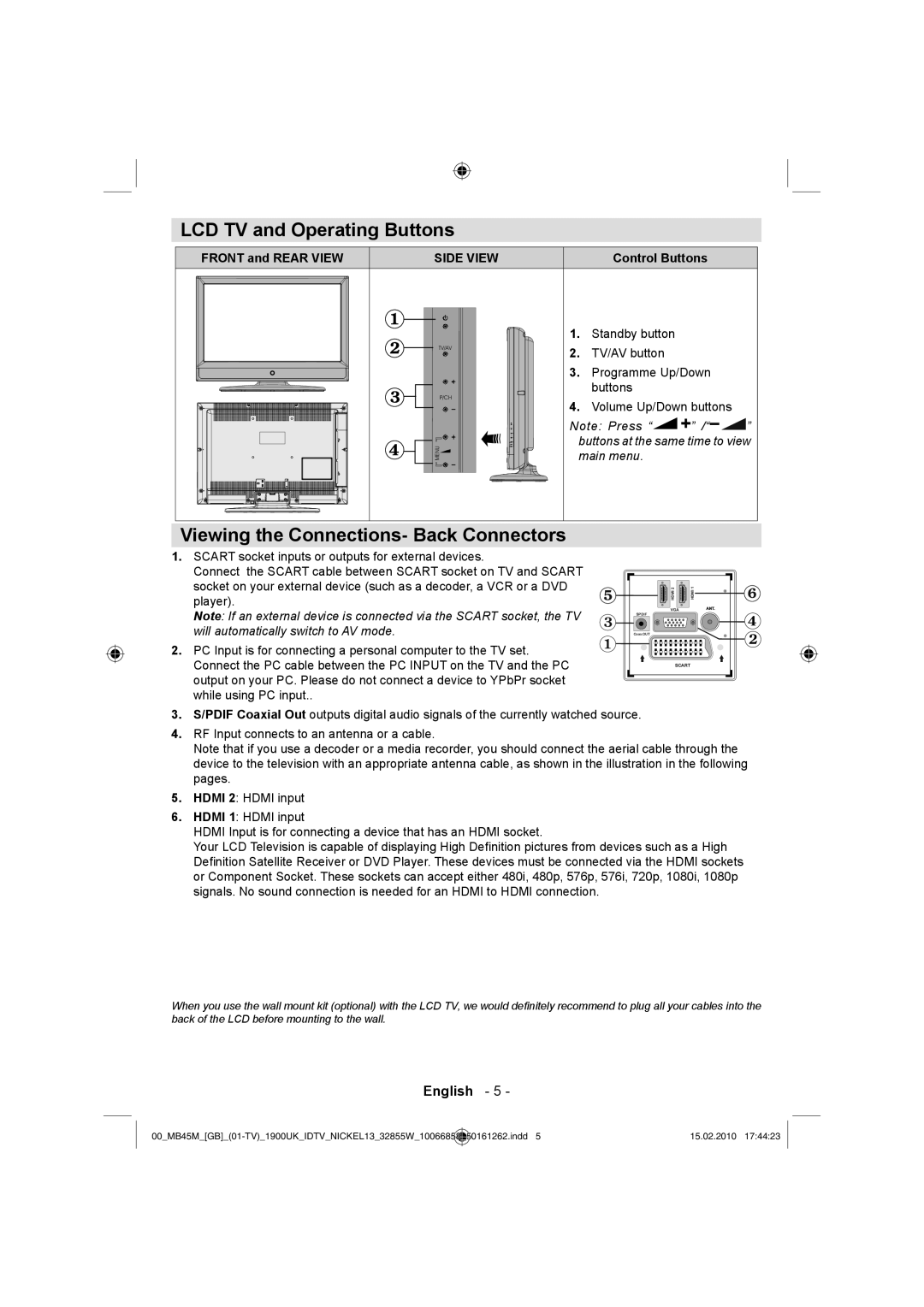 Technika LCD32-229 manual LCD TV and Operating Buttons, Viewing the Connections- Back Connectors 