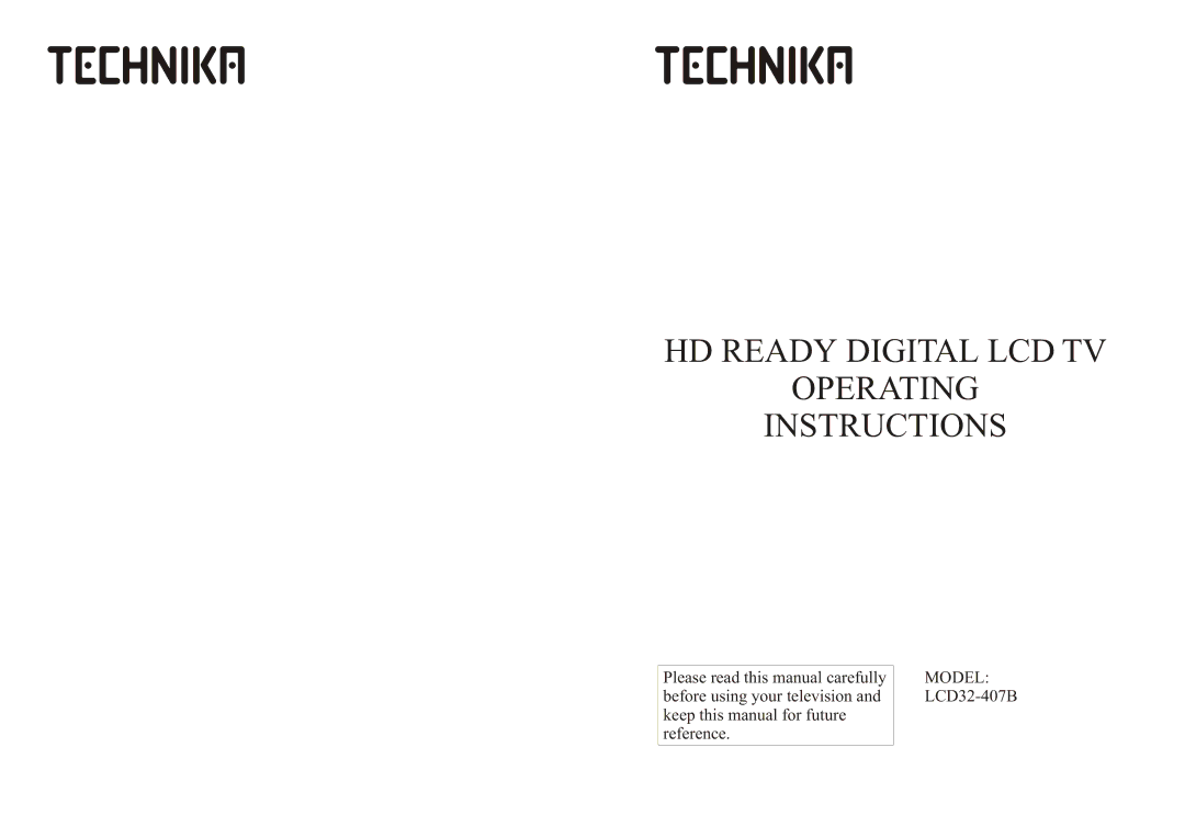 Technika LCD32-407B manual HD Ready Digital LCD TV Operating Instructions 