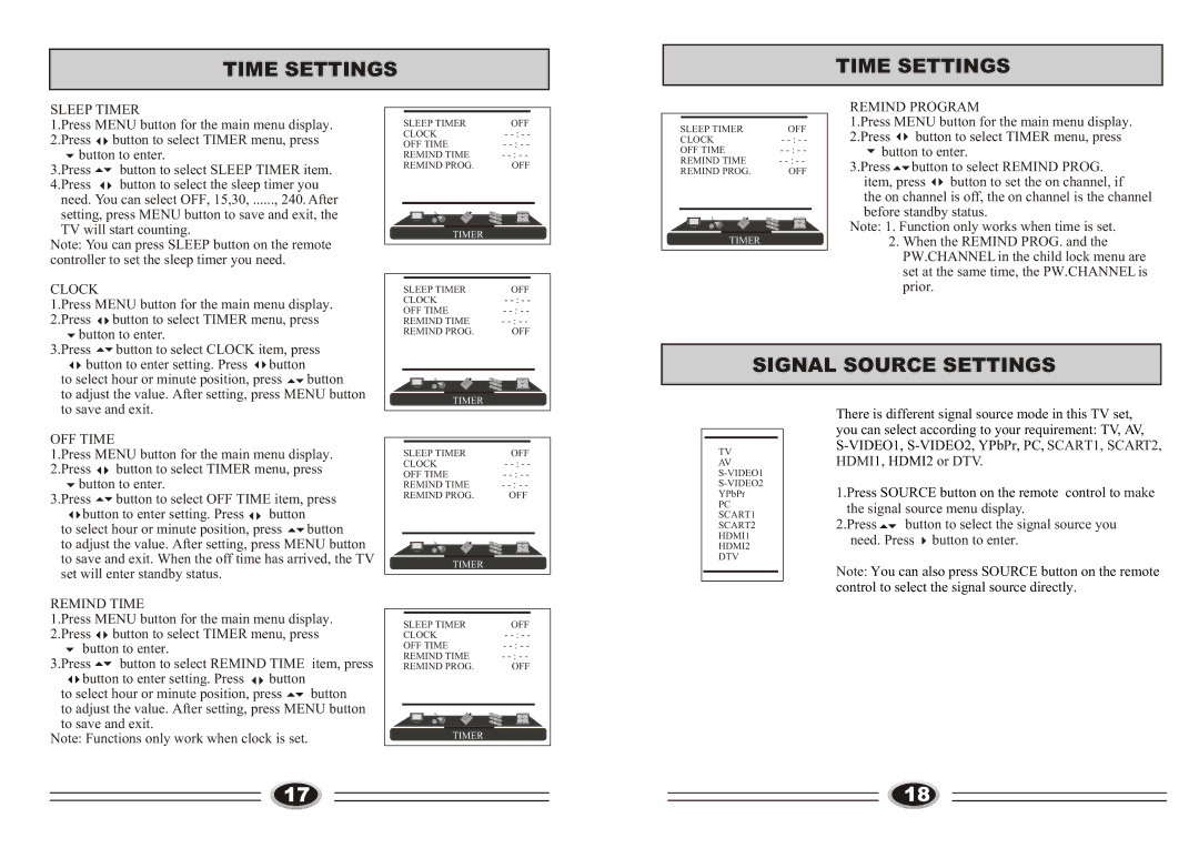 Technika LCD32-407B manual Time Settings, Signal Source Settings 