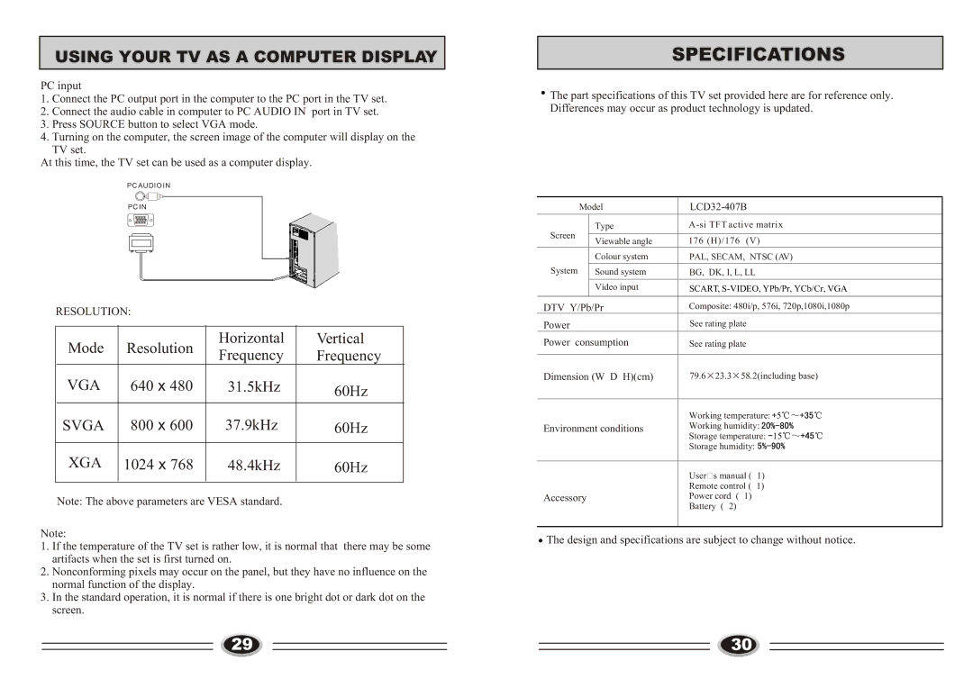 Technika LCD32-407B manual Specifications, Using Your TV AS a Computer Display, Resolution 