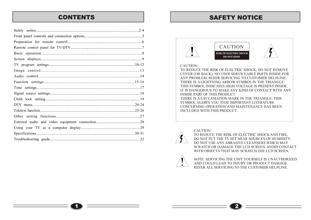 Technika LCD32-407B manual Contents, Safety Notice 