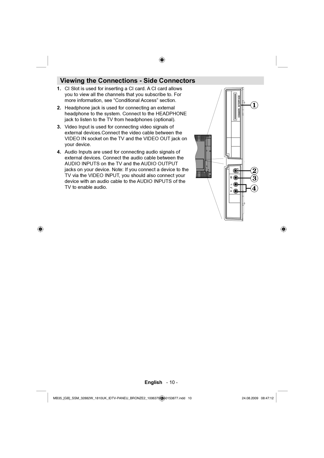 Technika LCD32-909V manual Viewing the Connections Side Connectors 