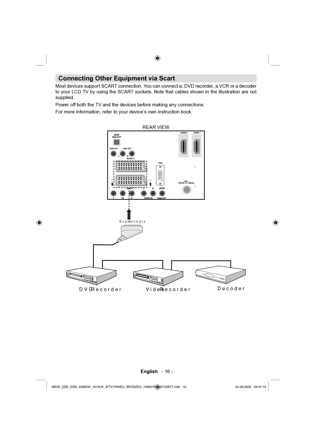 Technika LCD32-909V manual Connecting Other Equipment via Scart, DVD Recorder Video Recorder Decoder 
