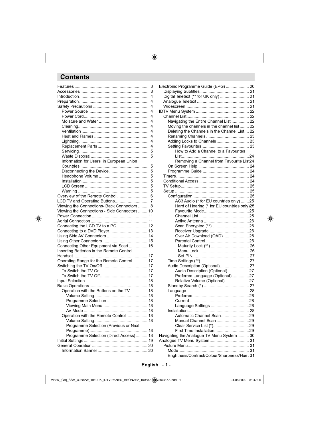 Technika LCD32-909V manual Contents 