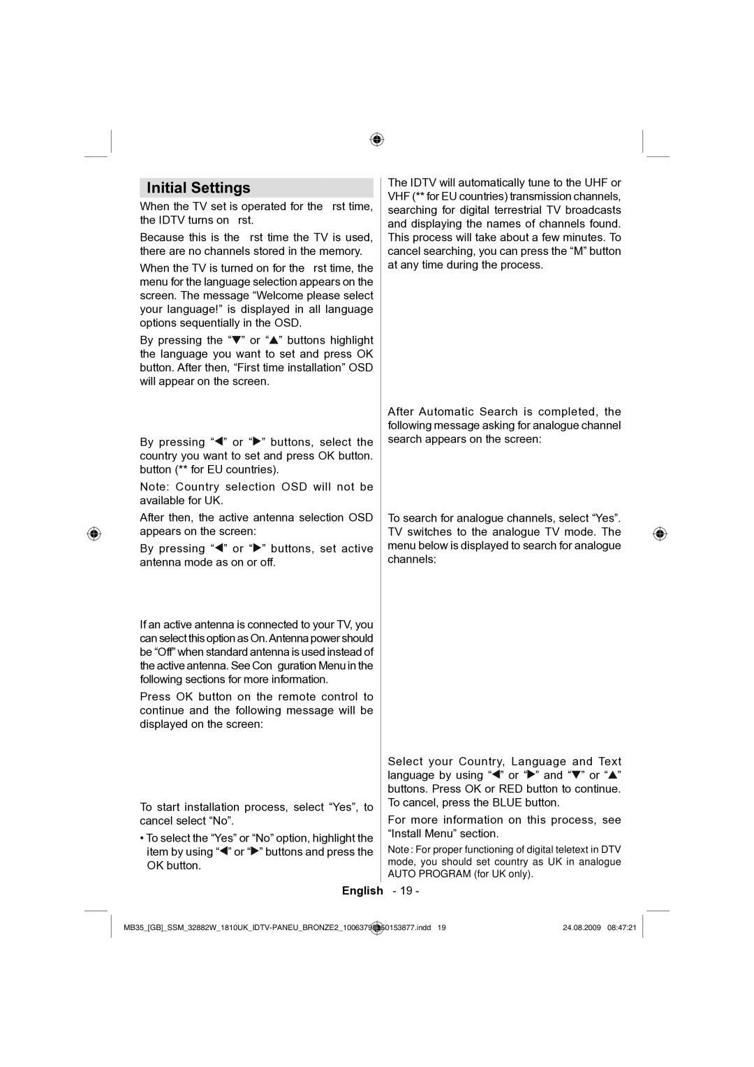 Technika LCD32-909V manual Initial Settings 