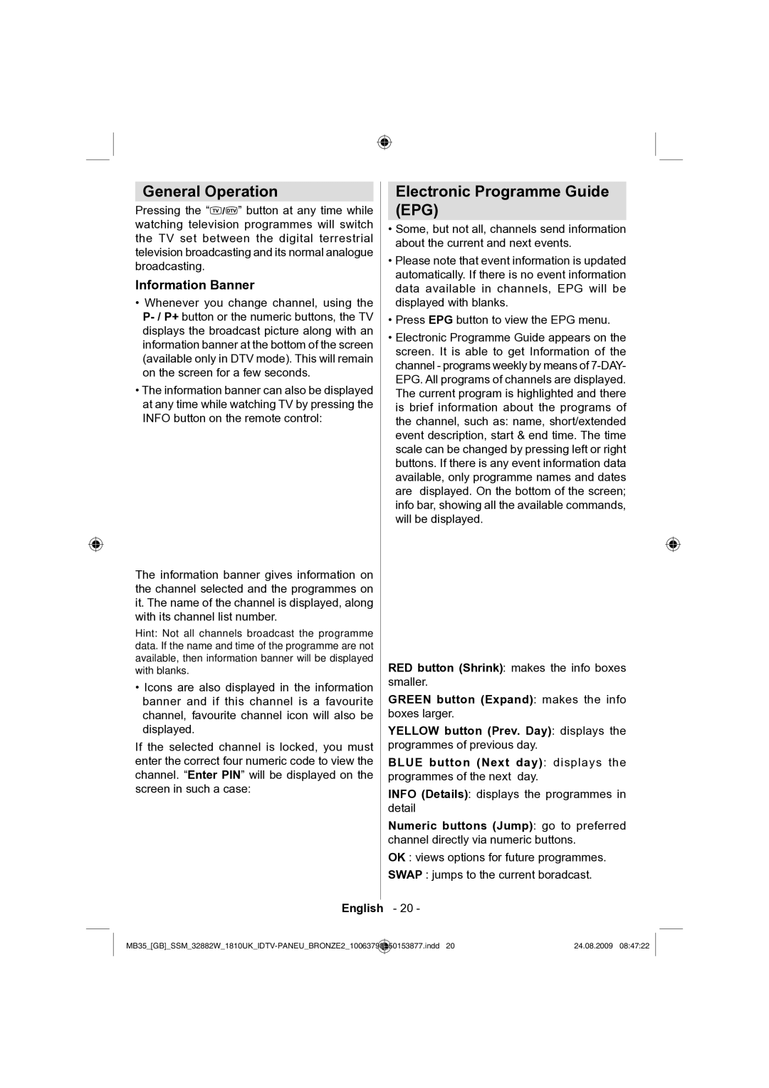 Technika LCD32-909V manual General Operation, Electronic Programme Guide, Information Banner 