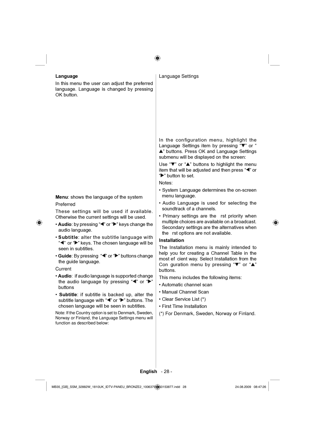 Technika LCD32-909V manual Preferred, Current, Language Settings, Installation 