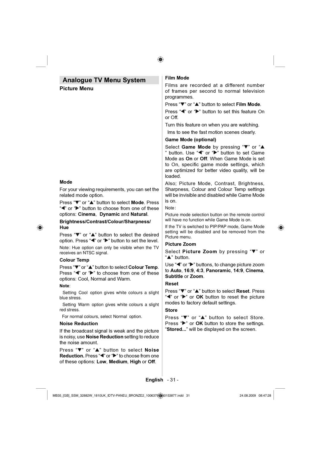 Technika LCD32-909V manual Analogue TV Menu System, Picture Menu 