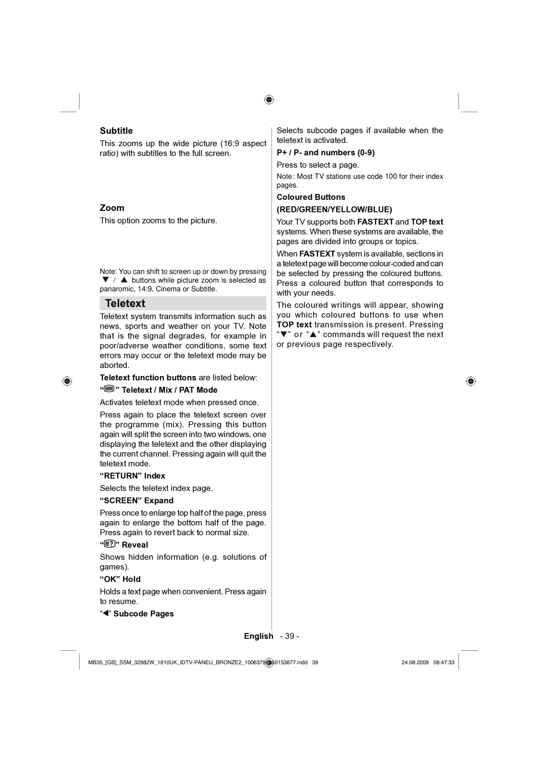 Technika LCD32-909V manual Teletext, Subtitle, Zoom 