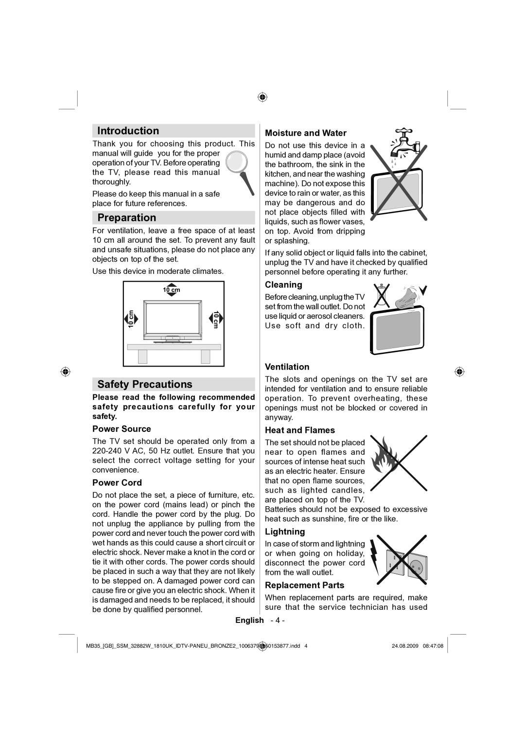 Technika LCD32-909V manual Introduction, Preparation, Safety Precautions 