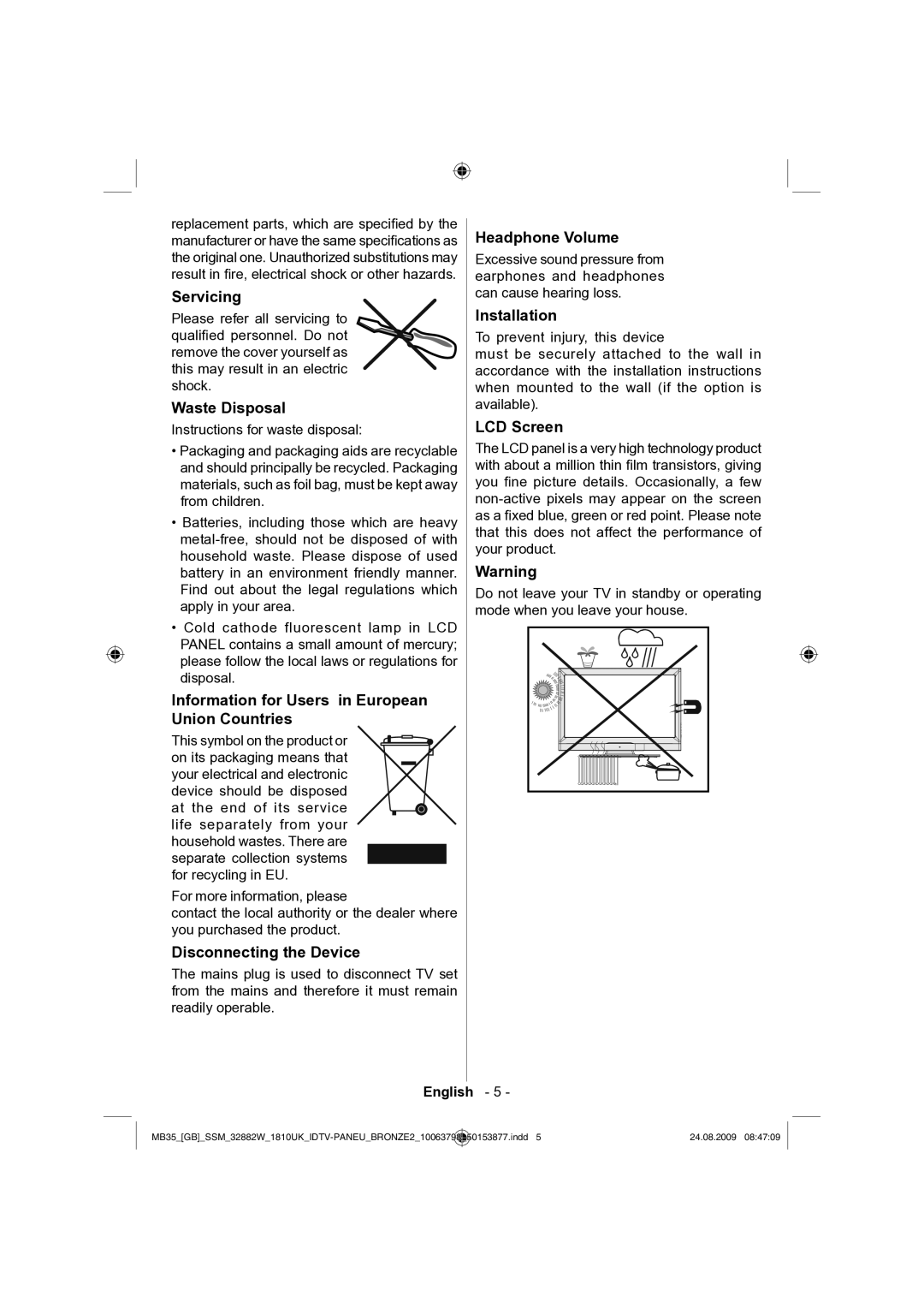 Technika LCD32-909V Servicing, Waste Disposal, Information for Users in European Union Countries, Disconnecting the Device 