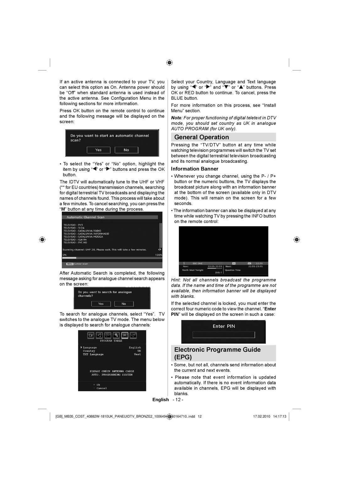 Technika LCD40-920 manual General Operation, Electronic Programme Guide, Information Banner 