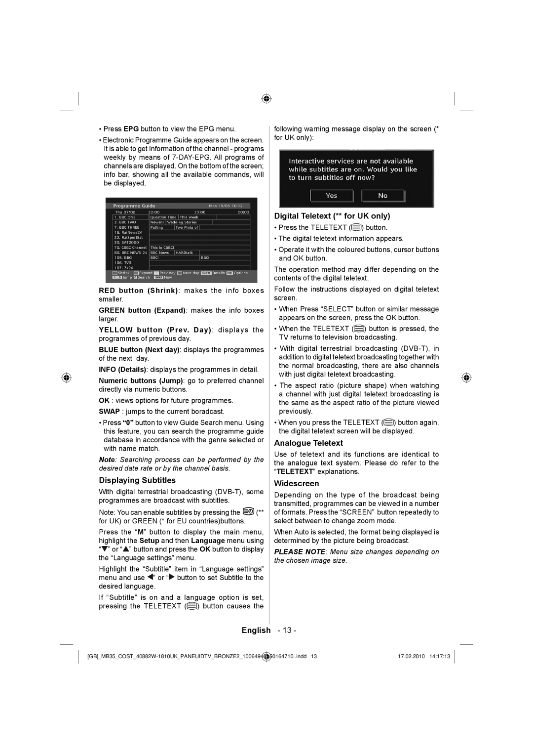 Technika LCD40-920 manual Displaying Subtitles, Digital Teletext ** for UK only, Analogue Teletext, Widescreen 