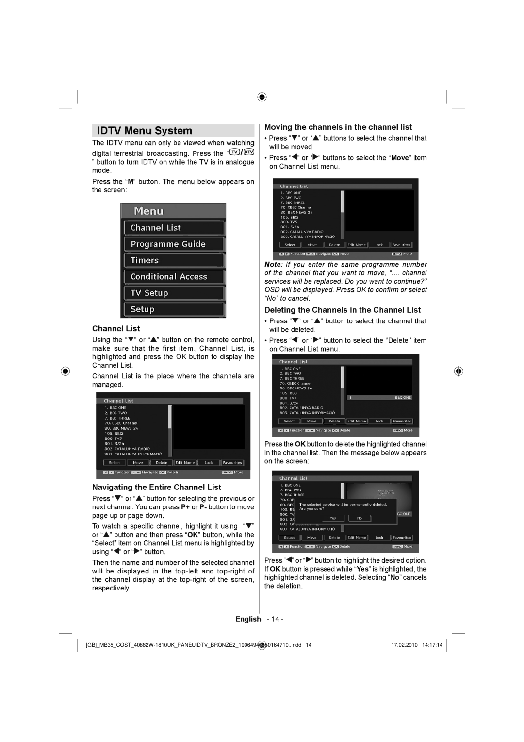 Technika LCD40-920 manual Idtv Menu System, Navigating the Entire Channel List, Moving the channels in the channel list 