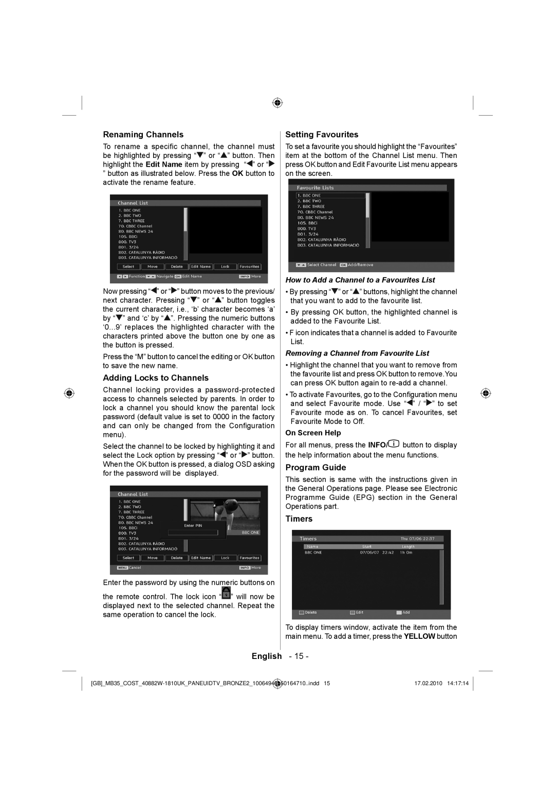 Technika LCD40-920 manual Renaming Channels, Adding Locks to Channels, Setting Favourites, Program Guide, Timers 