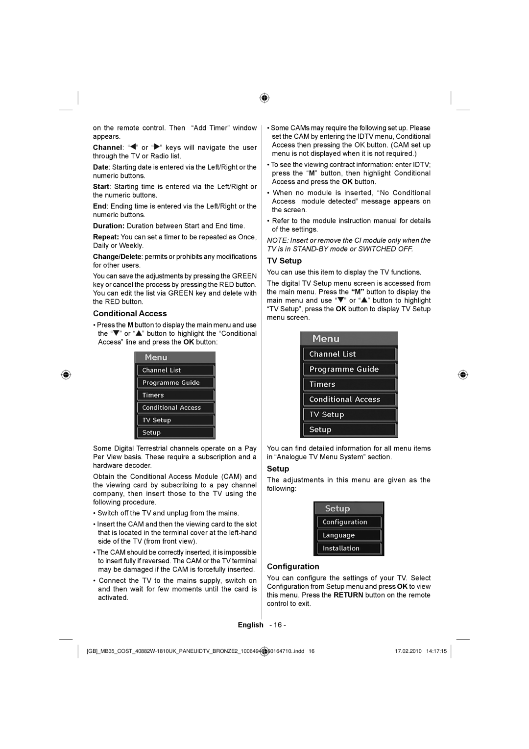 Technika LCD40-920 manual Conditional Access, TV Setup, Conﬁguration 