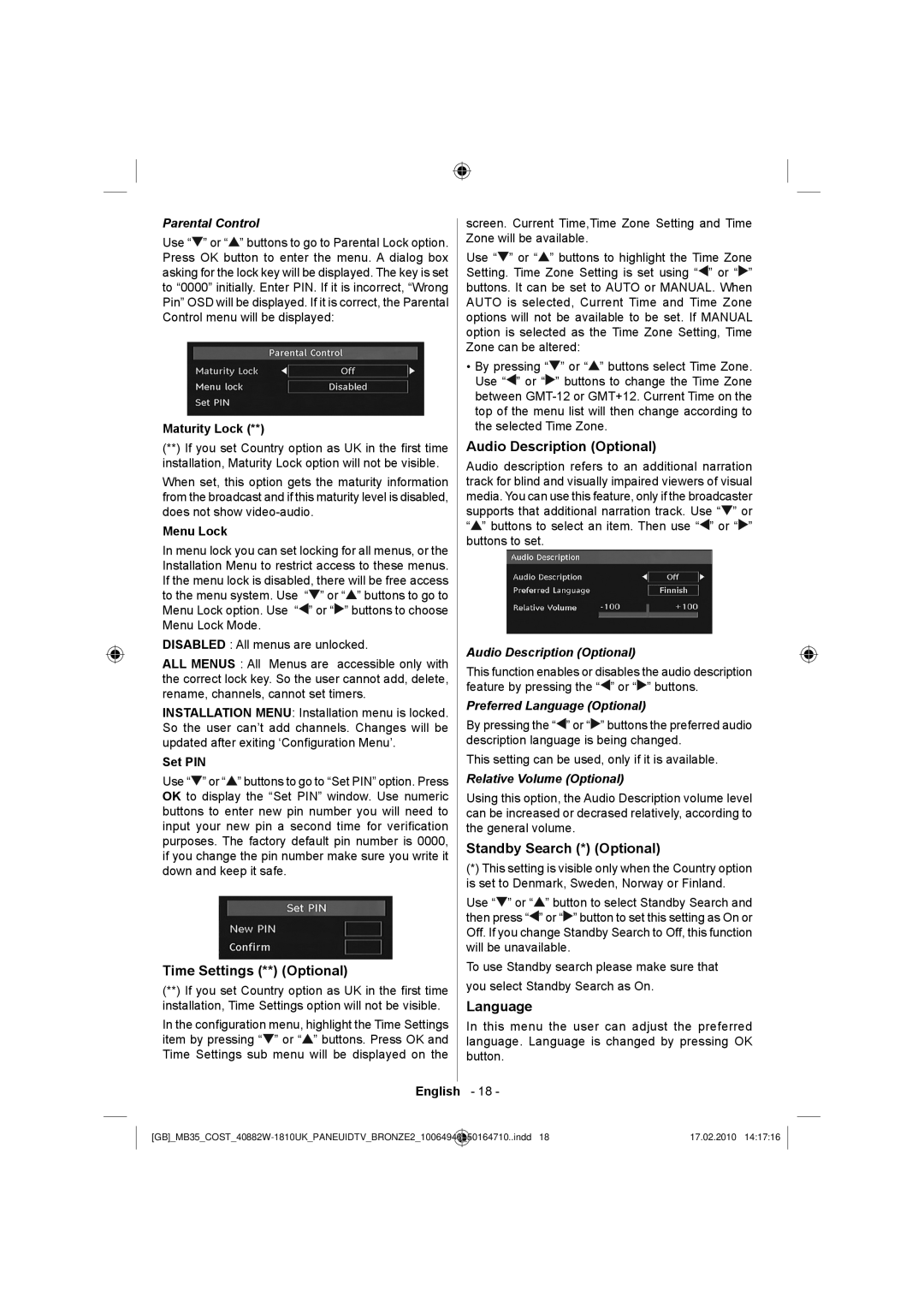 Technika LCD40-920 manual Time Settings ** Optional, Audio Description Optional, Standby Search * Optional, Language 