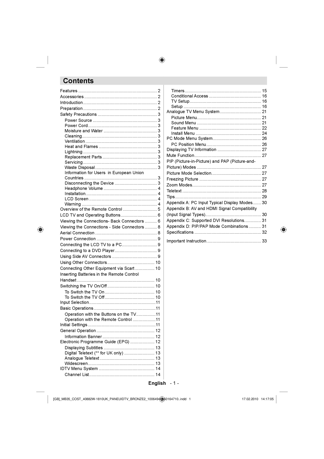 Technika LCD40-920 manual Contents 