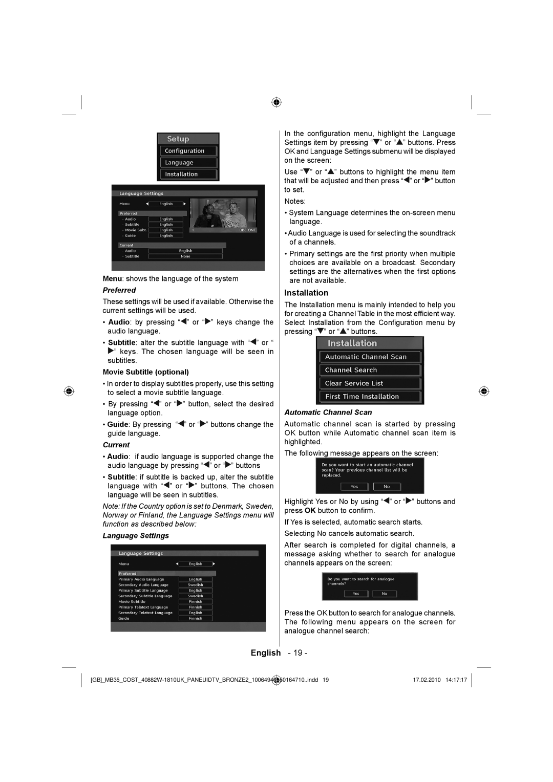 Technika LCD40-920 manual Preferred, Movie Subtitle optional, Current, Language Settings, Automatic Channel Scan 