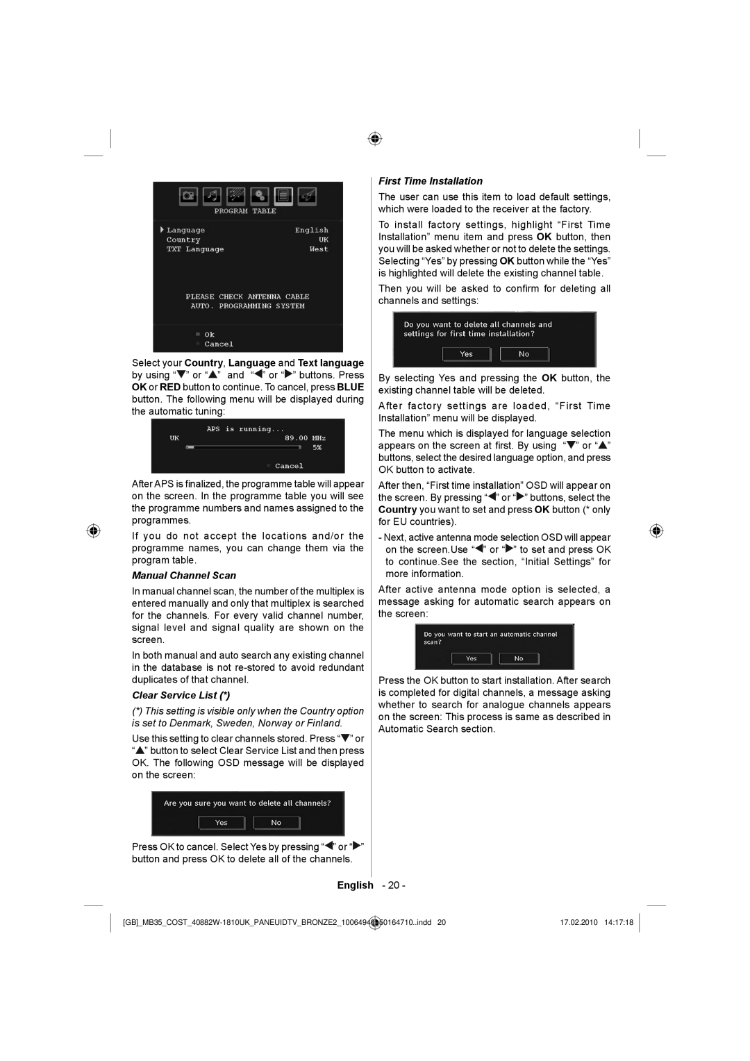 Technika LCD40-920 manual Manual Channel Scan, Clear Service List, First Time Installation 