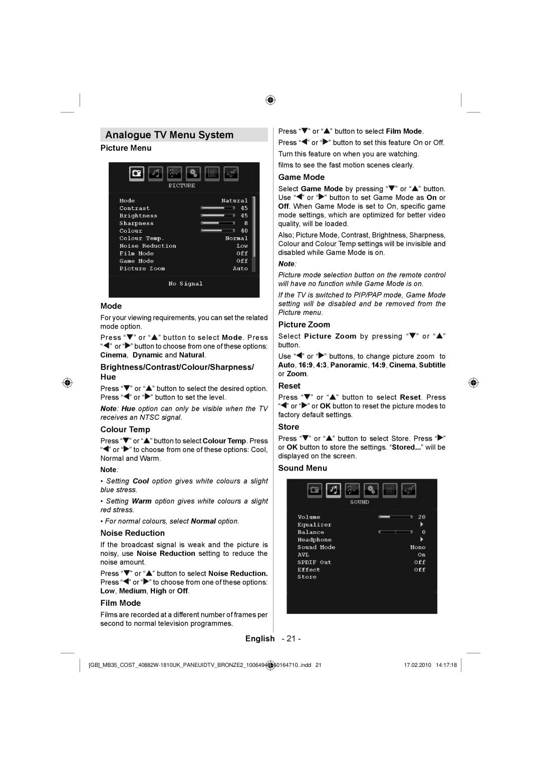 Technika LCD40-920 manual Analogue TV Menu System 