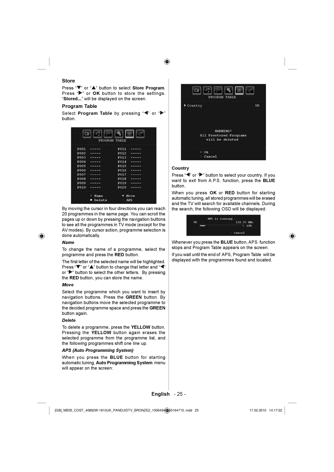 Technika LCD40-920 manual Program Table, Name, Move, Delete, APS Auto Programming System 