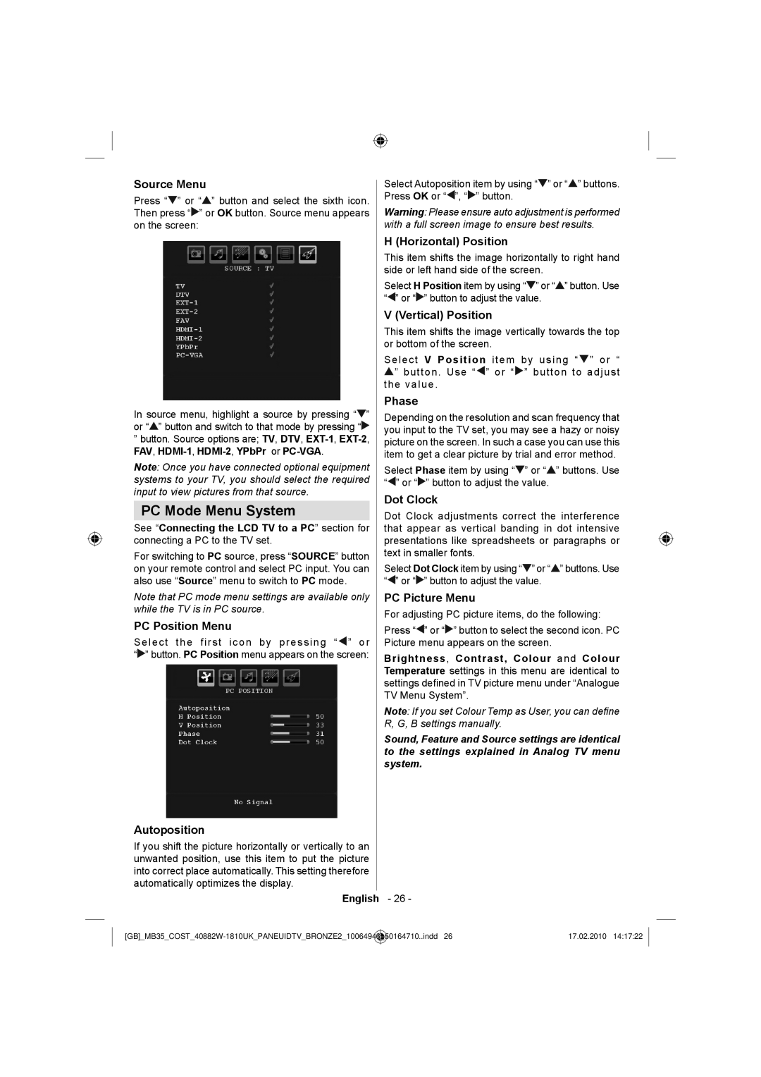 Technika LCD40-920 manual PC Mode Menu System 