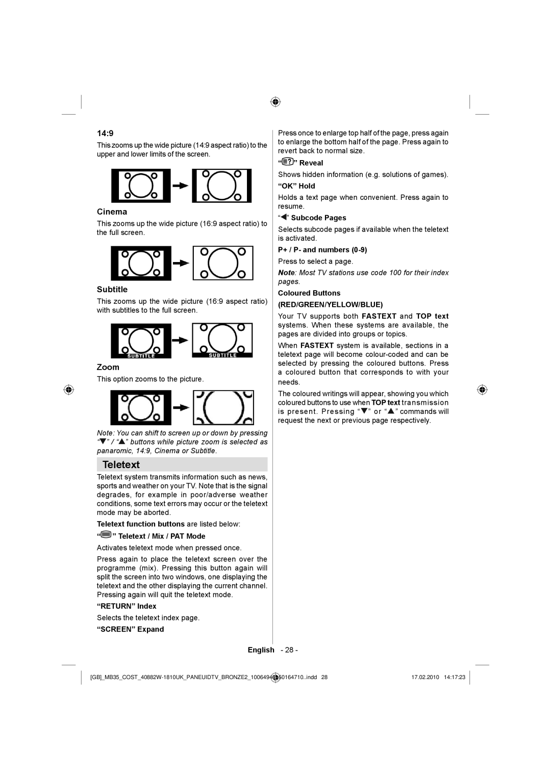 Technika LCD40-920 manual Teletext, 149, Cinema, Subtitle, Zoom 