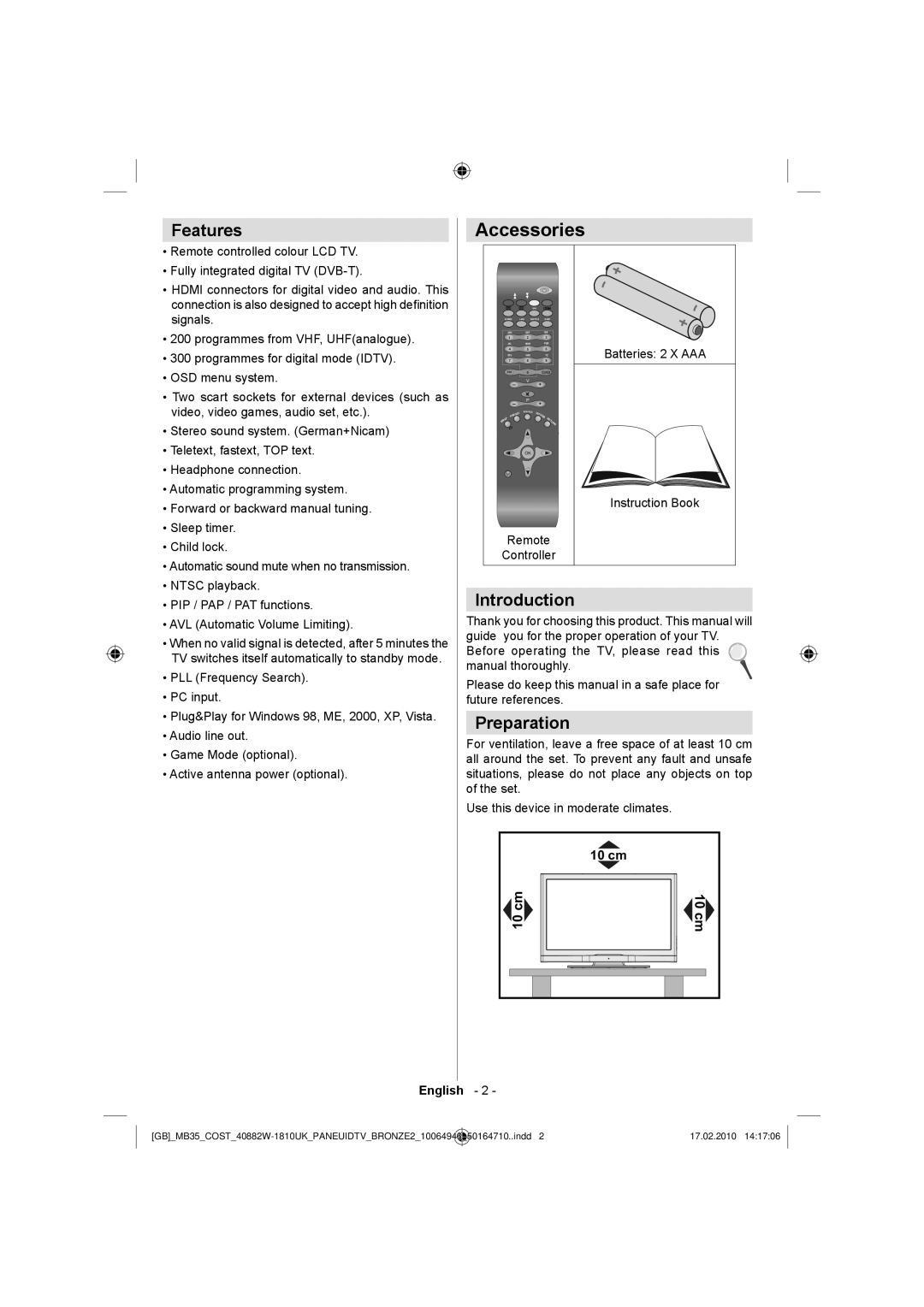 Technika LCD40-920 manual Accessories, Features, Introduction, Preparation, 10 cm 