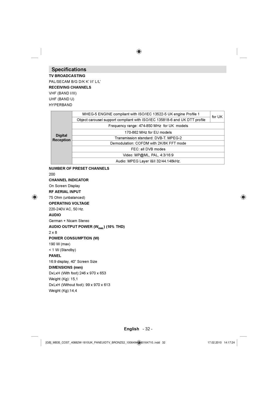 Technika LCD40-920 manual Speciﬁcations, Digital, Dimensions mm 