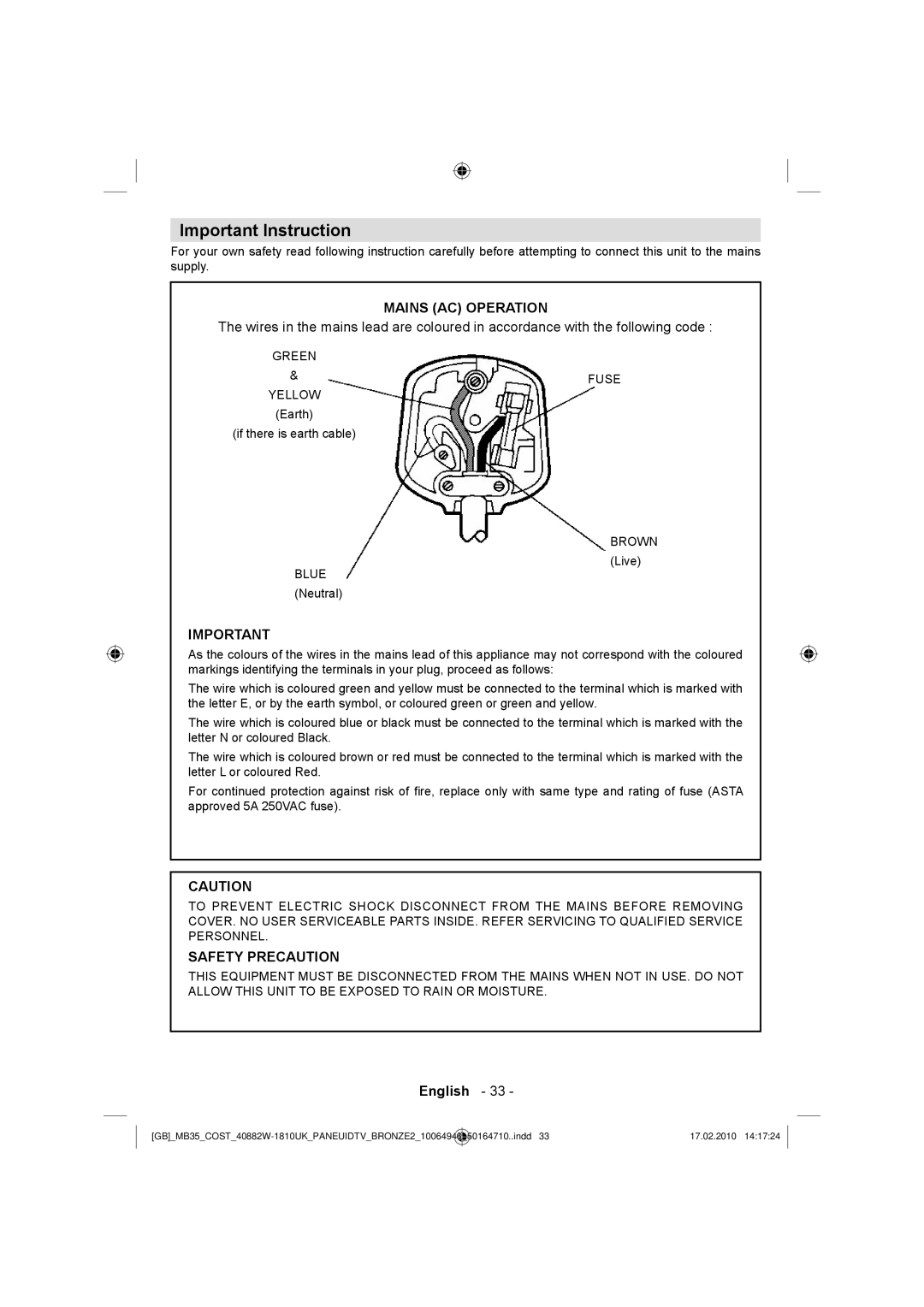 Technika LCD40-920 manual Important Instruction, Mains AC Operation 