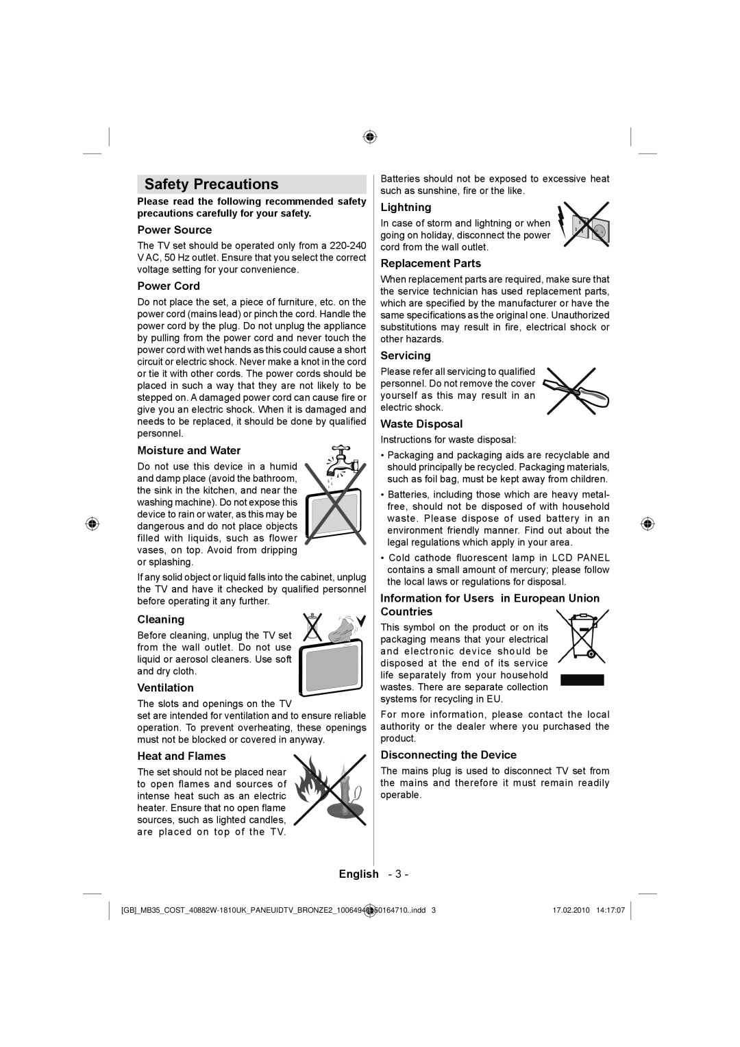 Technika LCD40-920 manual Safety Precautions 