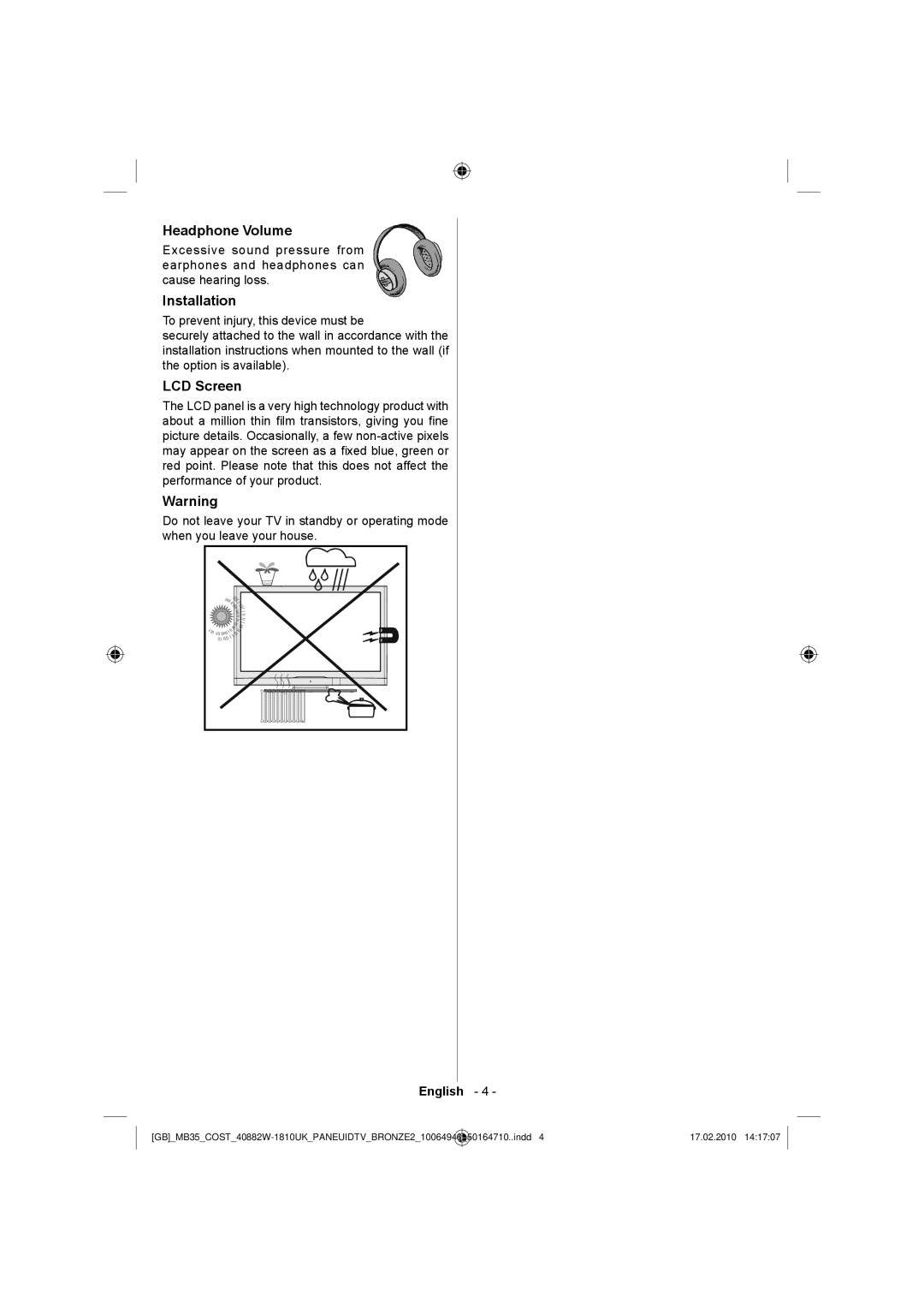 Technika LCD40-920 manual Headphone Volume, Installation, LCD Screen 