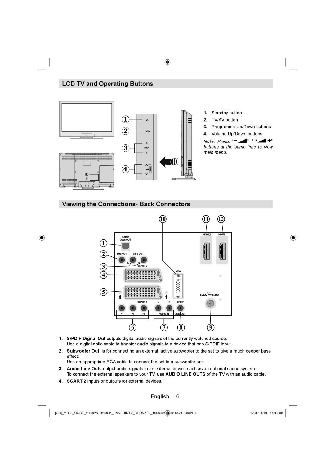 Technika LCD40-920 manual LCD TV and Operating Buttons, Viewing the Connections- Back Connectors 