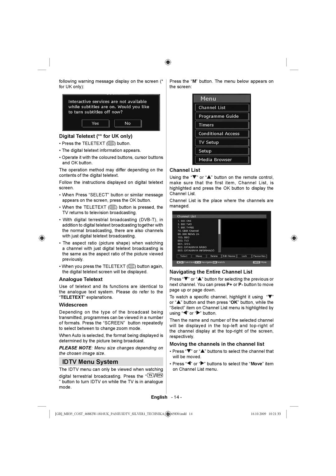 Technika LCD46-920 manual Idtv Menu System 