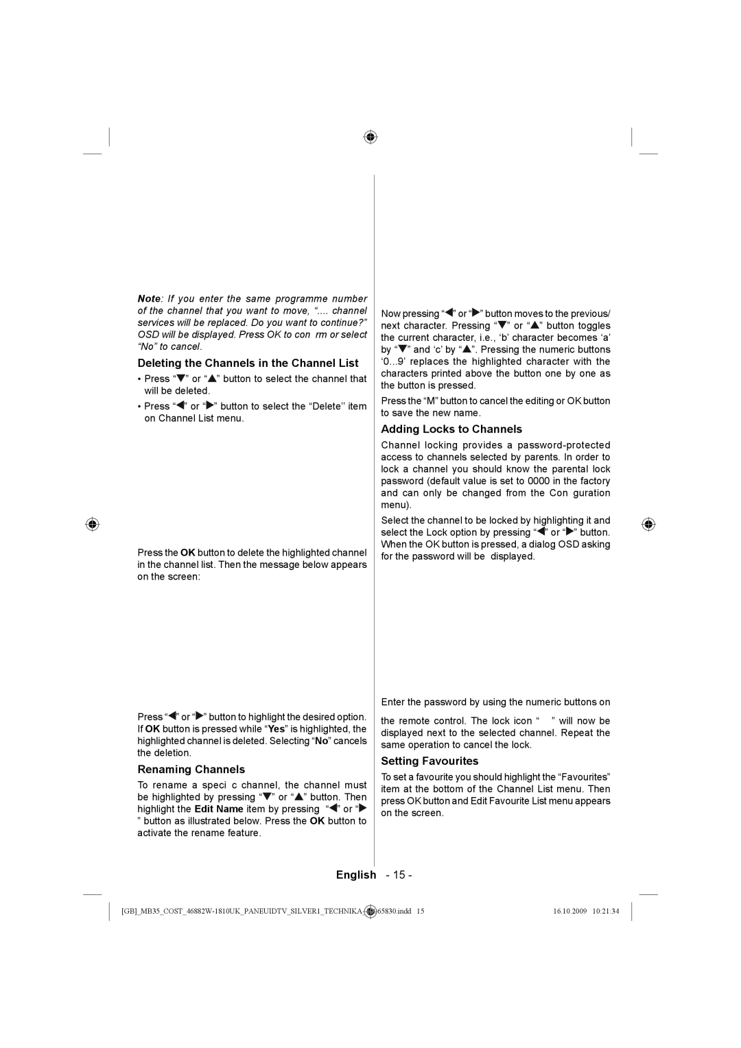 Technika LCD46-920 manual Deleting the Channels in the Channel List, Renaming Channels, Adding Locks to Channels 